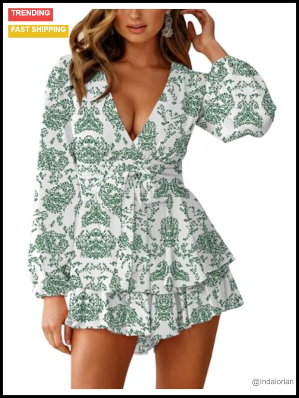 Floral Print Romper V Neck Long Sleeve Ruffle Hem Jumpsuit Beach Vacation Outfit